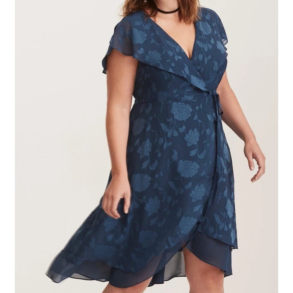 Torrid Dress Womens 2 Blue Floral Wrap Chiffon Flutter Sleeve Midi Ruffle Belted